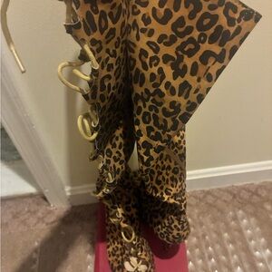 Leopard Print Lace-Up Thigh-High Boots - Brown Black